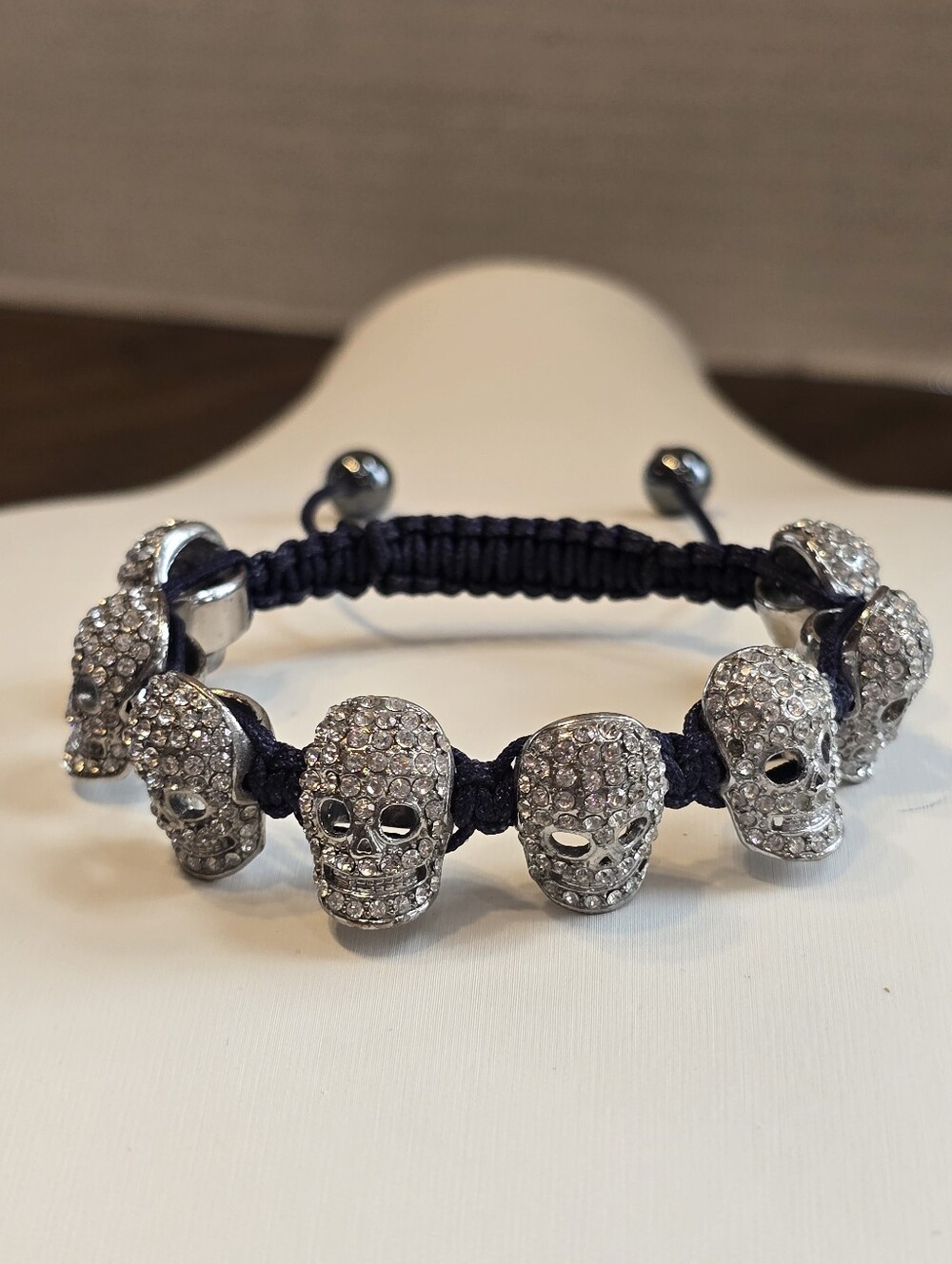 Skull Crystal Shamballa Macrame Navy Blue Lariat Cord Bracelet - Picture 6 of 6